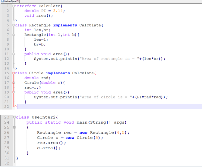 This image describes a practical example supporting the concept of interfaces under abstraction in java.